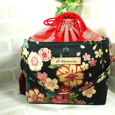 あおりポケット＆巾着付トートバッグ　華やか花柄　浴衣バック