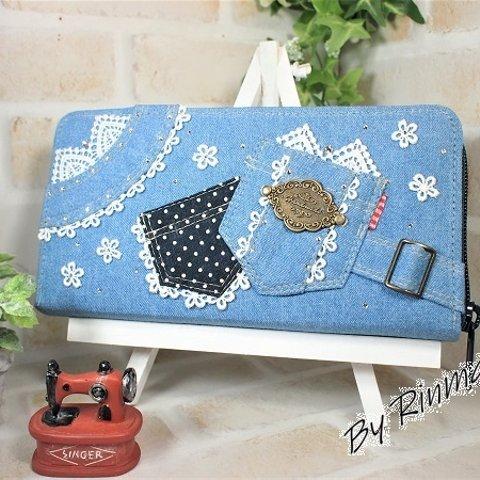 デニムとレースとスワロフスキービーズのキラキラ長財布