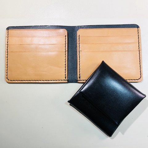 シンプル＆薄い二つ折り財布とコインケースのセット　黒色