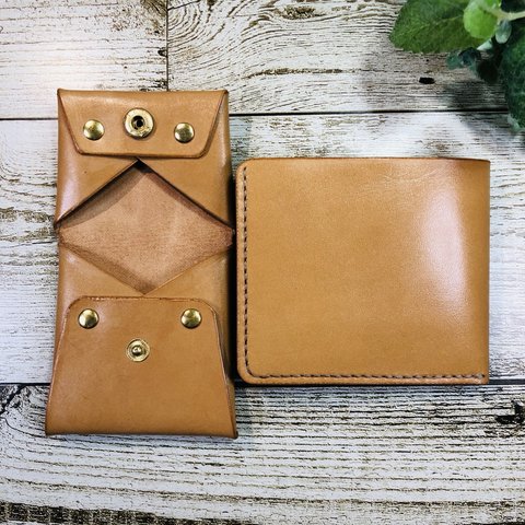 シンプル＆薄い二つ折り財布とコインケースのセット　キャメル色