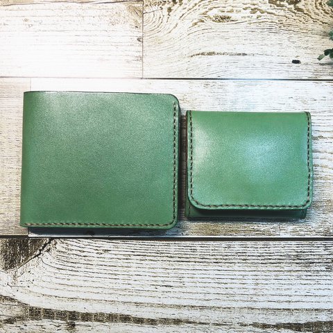 ＊本革＊　シンプル&薄い二つ折り財布＆BOXコインケース 　グリーン
