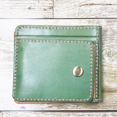 ボックス型小銭入れ付二つ折り財布　グリーン色
